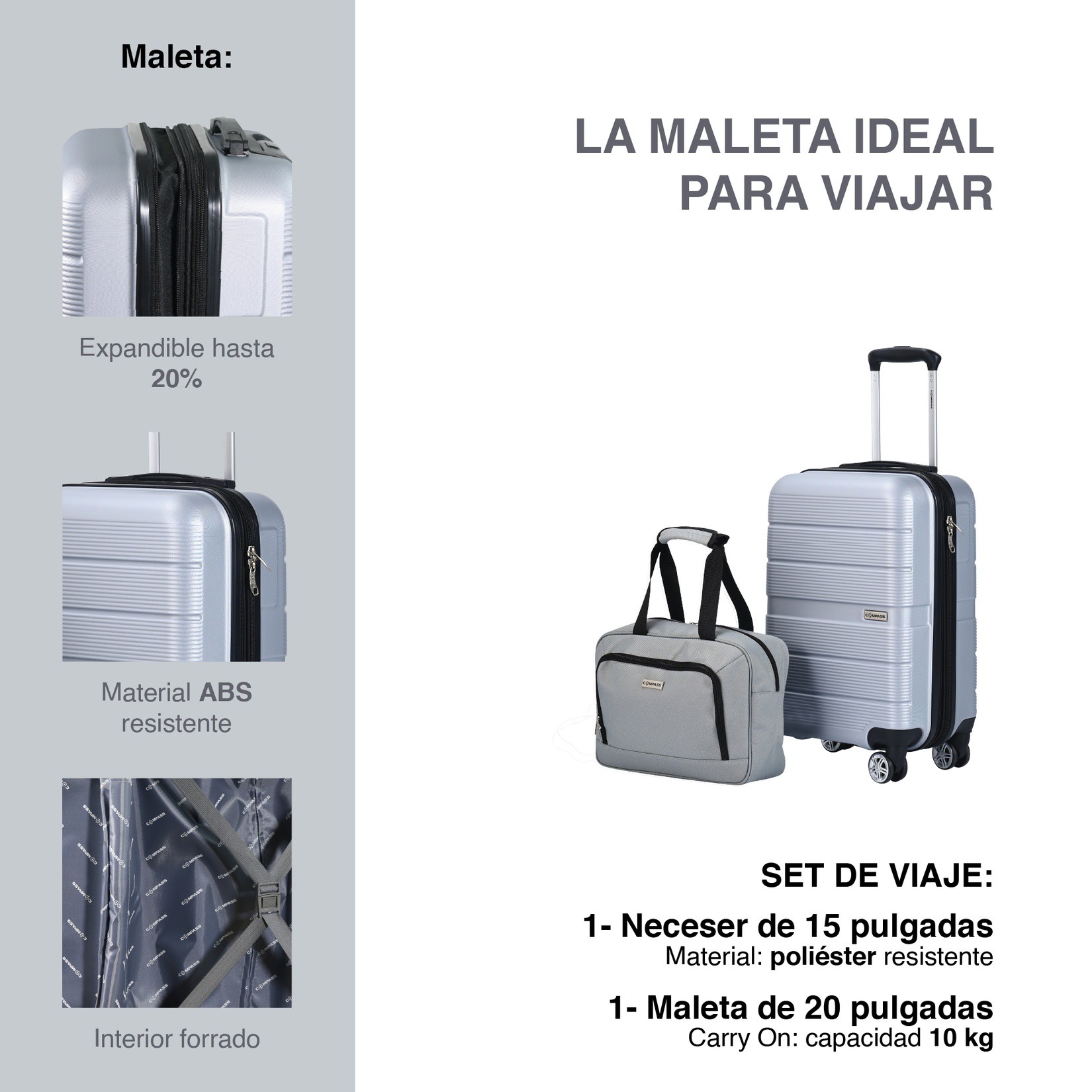 Maleta Compass Chicago 20" Carry On con Neceser Plateada, Expandible y Ruedas 360&deg; image number null