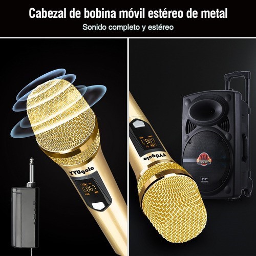 Universal Micr&oacute;fono Inal&aacute;mbrico Profesional Karaoke Kit 2pcs dorado. image number null