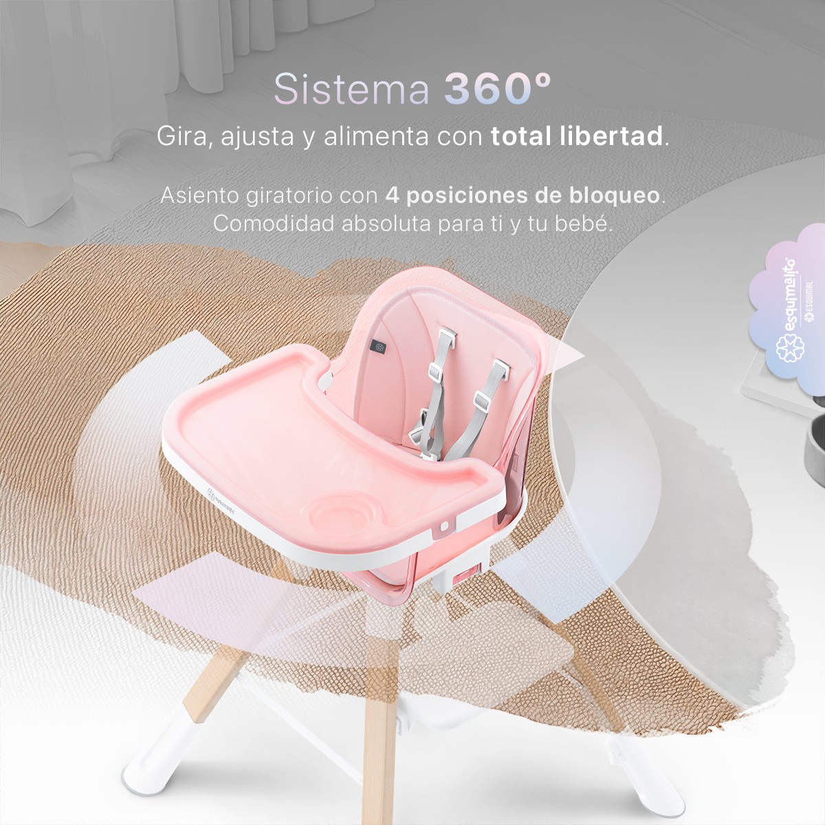 Periquera para Beb&eacute; 3 en 1, Silla Alta con Charola Desmontable, Asiento 360&deg;, Altura Ajustable, Color Rosa Esquimal image number null