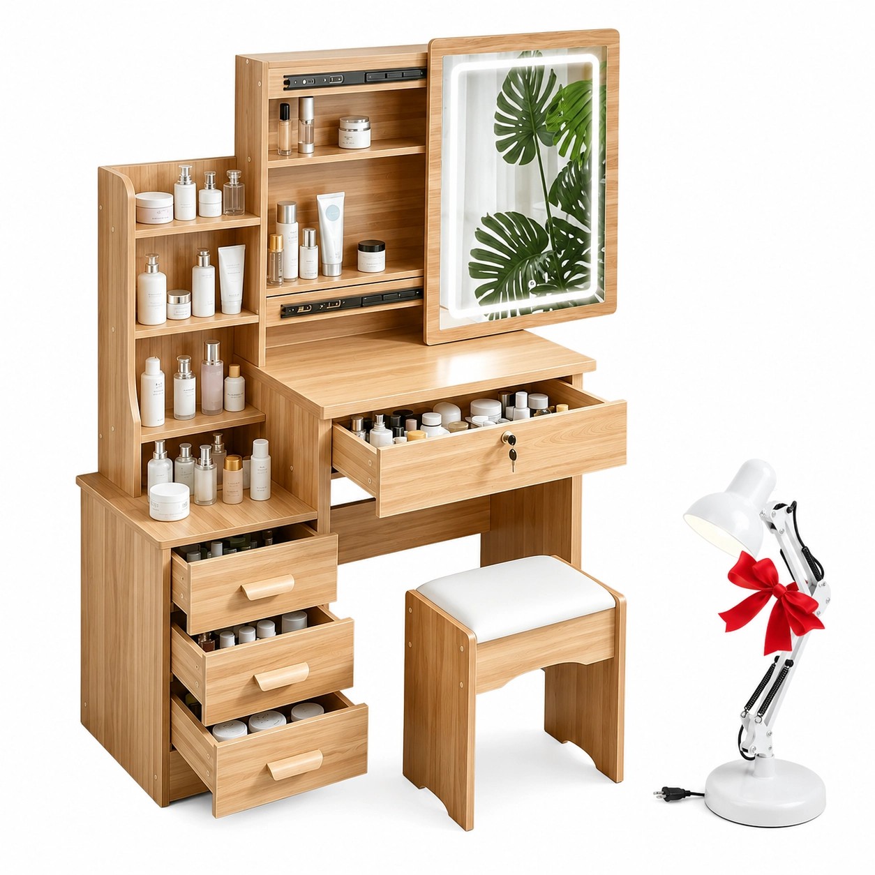Tocador De Dormitorio Con Espejo Led Moderno Incluye Taburet image number null