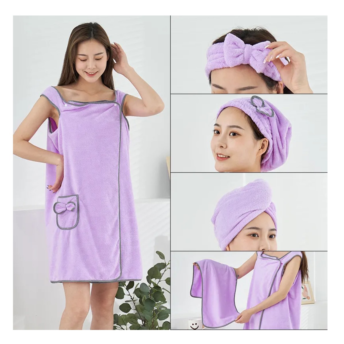Kit Bata De Ba&ntilde;o Para Dama S&uacute;per Absorbente,toalla Para Cabello Rosa image number null