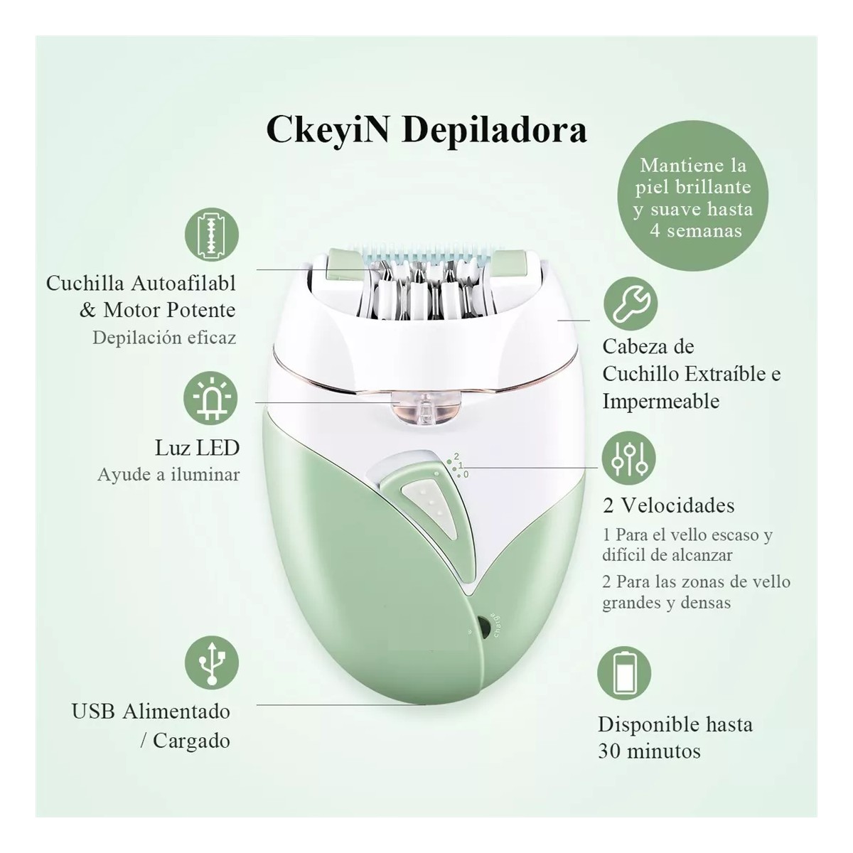 Depiladora El&eacute;ctrica Ckeyin Port&aacute;til Con Luz, Verde Claro image number null