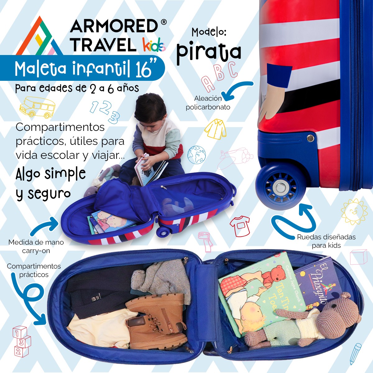 Maleta de viaje ni&ntilde;as ni&ntilde;os carry-on mochila r&iacute;gida infantil con ruedas 16 k&iacute;nder Preescolar usos m&uacute;ltiples Edades 2 a 6 a&ntilde;os Armored kids Pirata. image number null