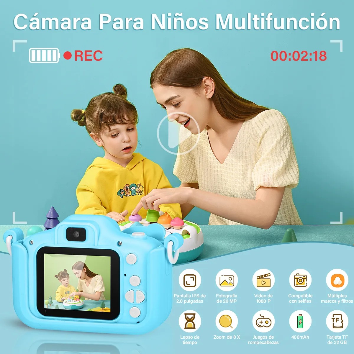 C&aacute;mara Digital Para Ni&ntilde;os Hd De Doble Lente 1080p+32gb Azul image number null