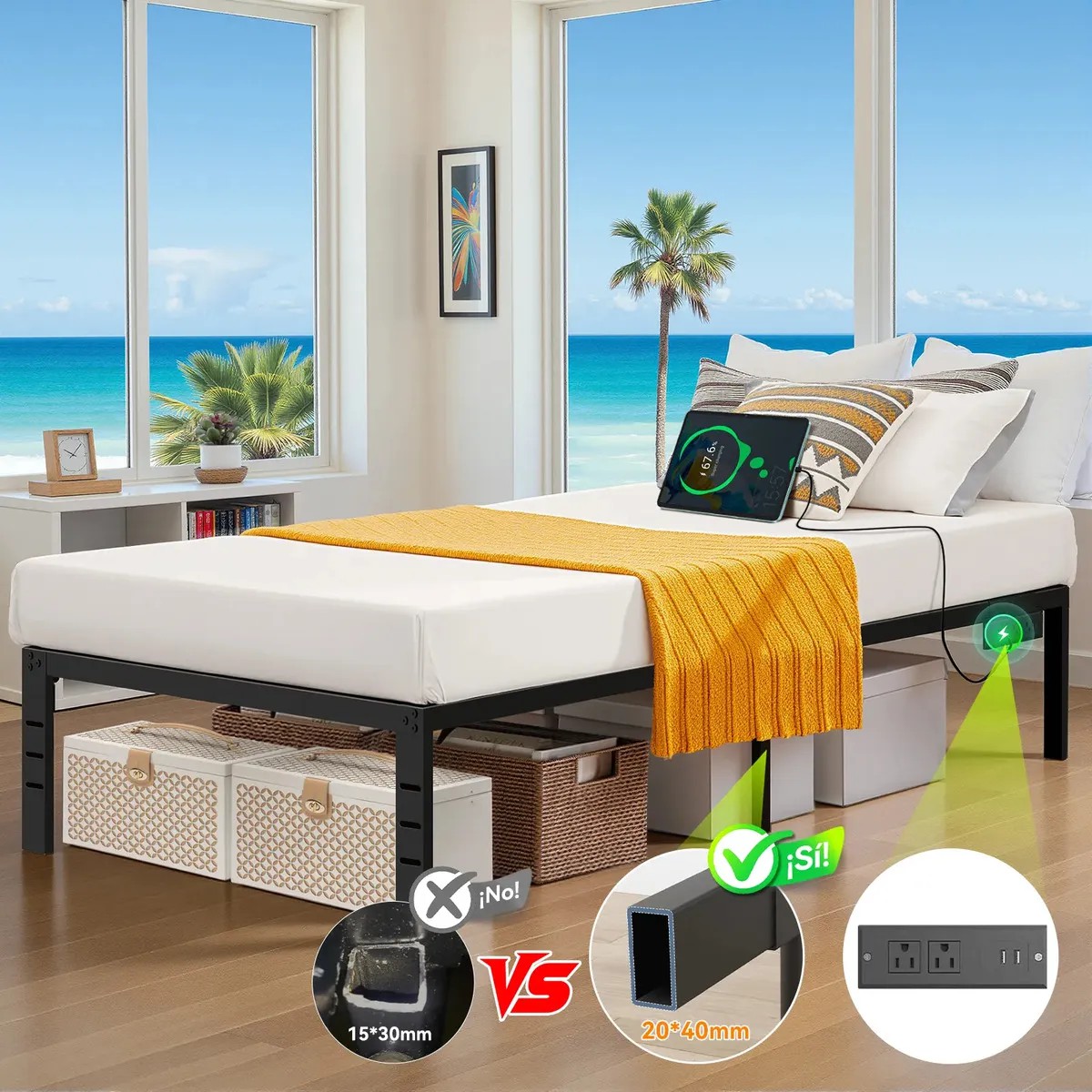 Base de Cama Individual con Enchufe, 95,5 cm X 189,5 cm X 35 cm, con Estaci&oacute;n de Carga 1.5m Usb , image number null