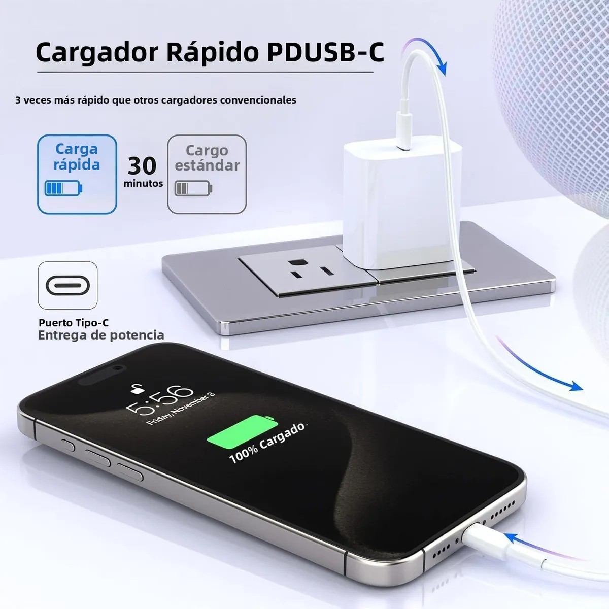 Cargador Carga 30w R&aacute;pida Con 2m Tipo C Para Iphone Con Caja image number null