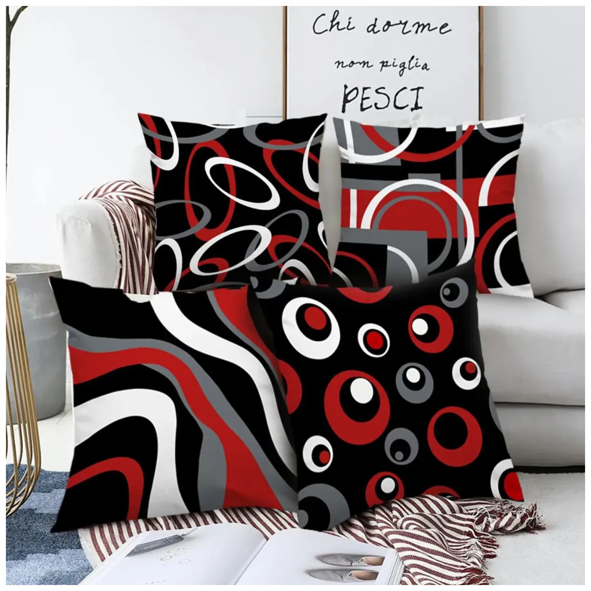 Fundas Para Cojines Lino Decoraci&oacute;n Del Sal&oacute;n 45x45cm 4 piezas Negro y rojo image number null