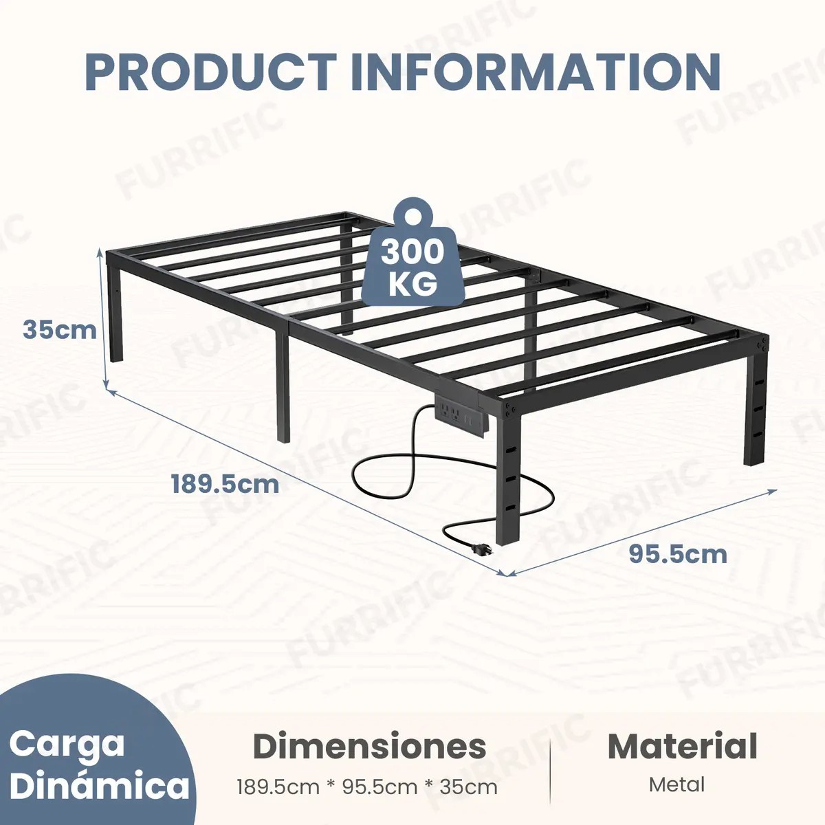 Base de Cama Individual con Enchufe, 95,5 cm X 189,5 cm X 35 cm, con Estaci&oacute;n de Carga 1.5m Usb , image number null