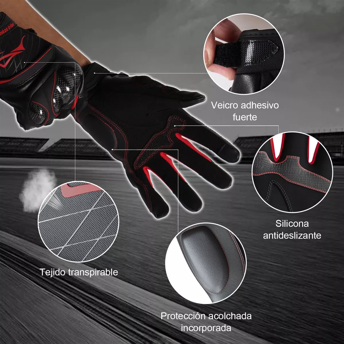 Guantes Para Motocicleta Microfibra Cuero Y Fibra De Carbono Rojo Talla XL. image number null