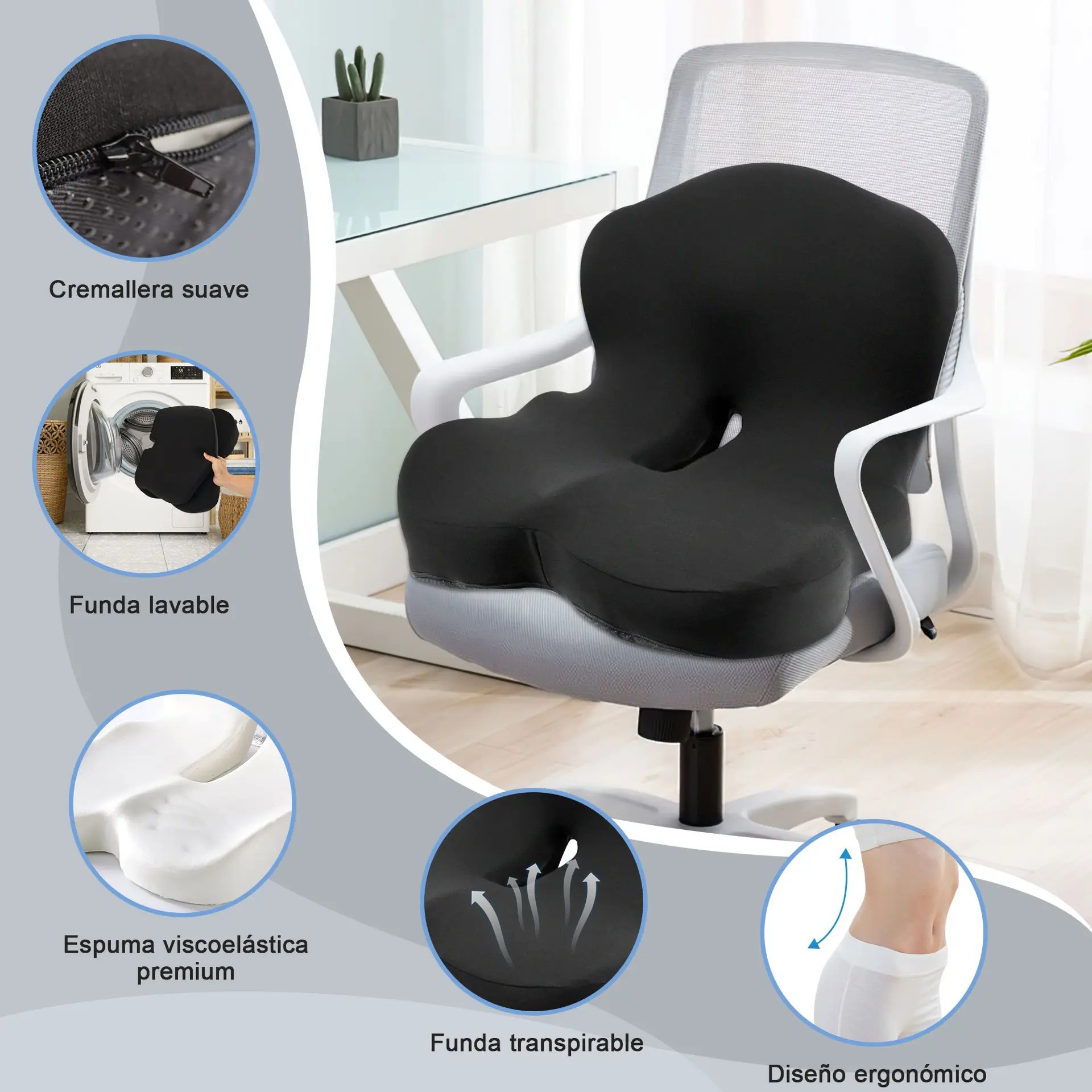 Cojin De Asiento Soporte Lumbar Respaldo Sillas Auto Oficina negro image number null