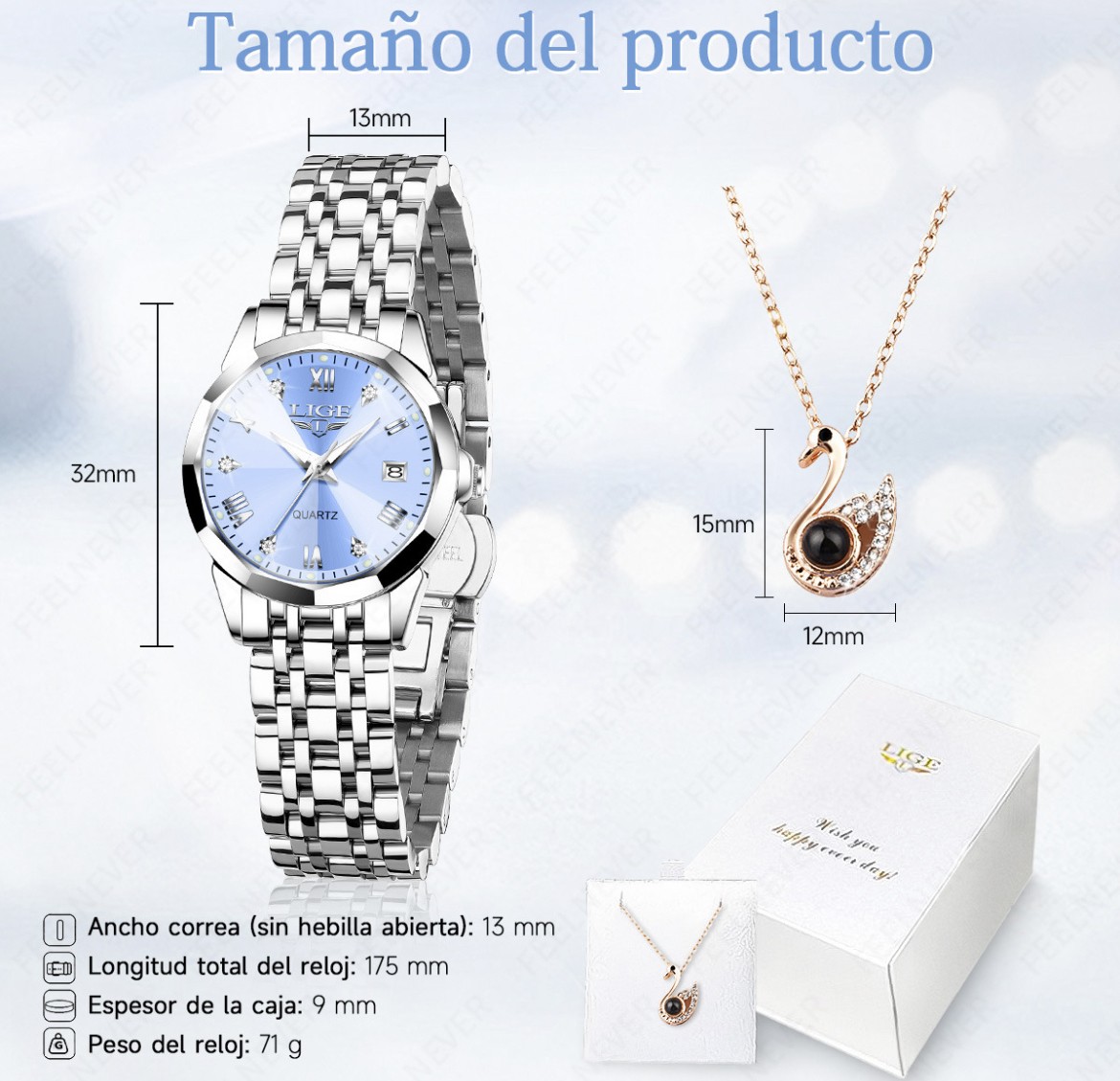 Reloj De Mujer Lige Con Collar En Caja De Regalo Elegante image number null