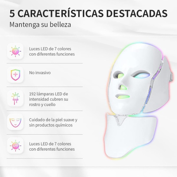 Mascara LED Facial y Cuello 7 Colores Con Control Remoto Rejuvenecedora Terapia de Luz para Arrugas Acn&eacute; y Manchas image number null