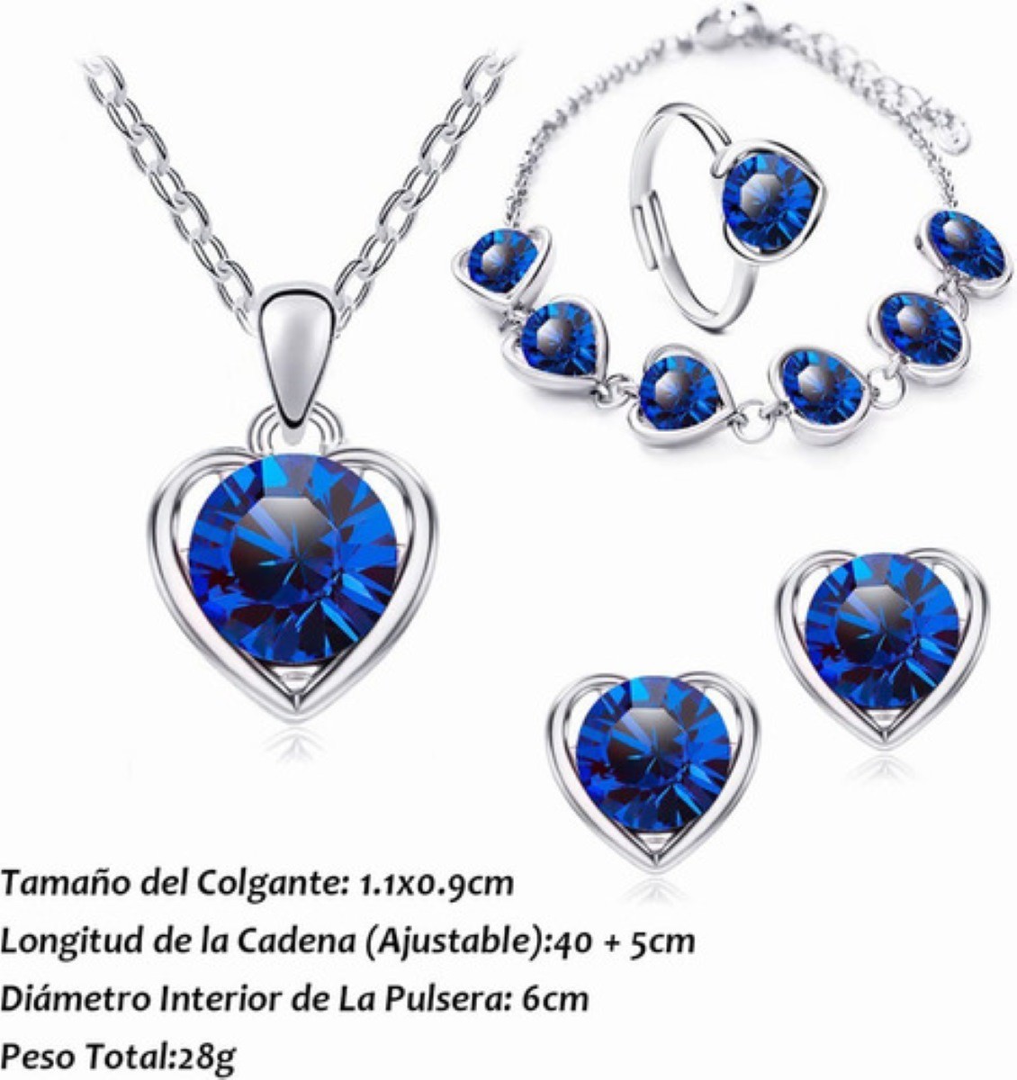 4pcs Collar, Pendientes, Anillo Y Pulsera Coraz&oacute;n De Cristal Azul /Plata image number null