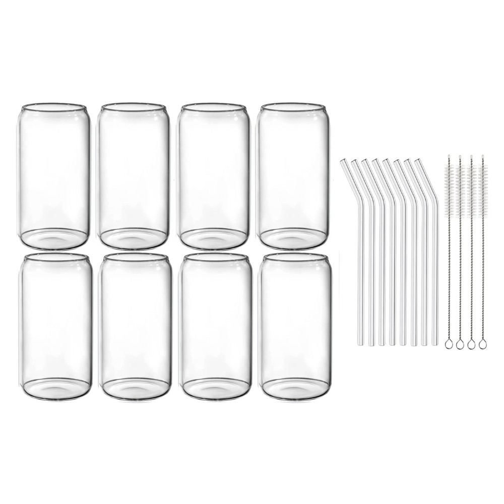 Juego de 8 Vasos de Cristal con Tapa de Bamb&uacute; 16 Oz (473.17 ml), Forma de Lata, Baricoffee image number null