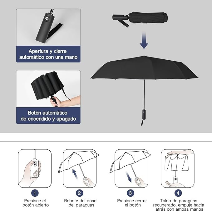 TERPORT Paraguas Plegable de la luvia y Sombrilla de protecci&oacute;n UV, Paraguas Plegable de bot&oacute;n de apertura y cierre autom&aacute;tico, Paraguas con 12 varillas, Ligero y compacto para usar de una sola mano, para hombres y mujeres. image number null
