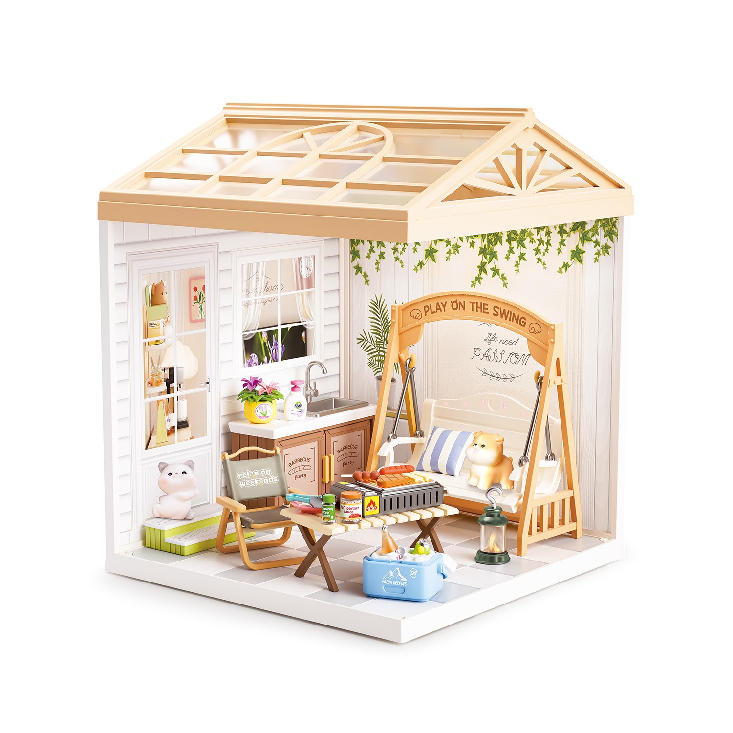 Juguete Casa en Miniatura Patio con Columpio, Mesa de Picnic, Accesorios y Luz Nocturna image number null