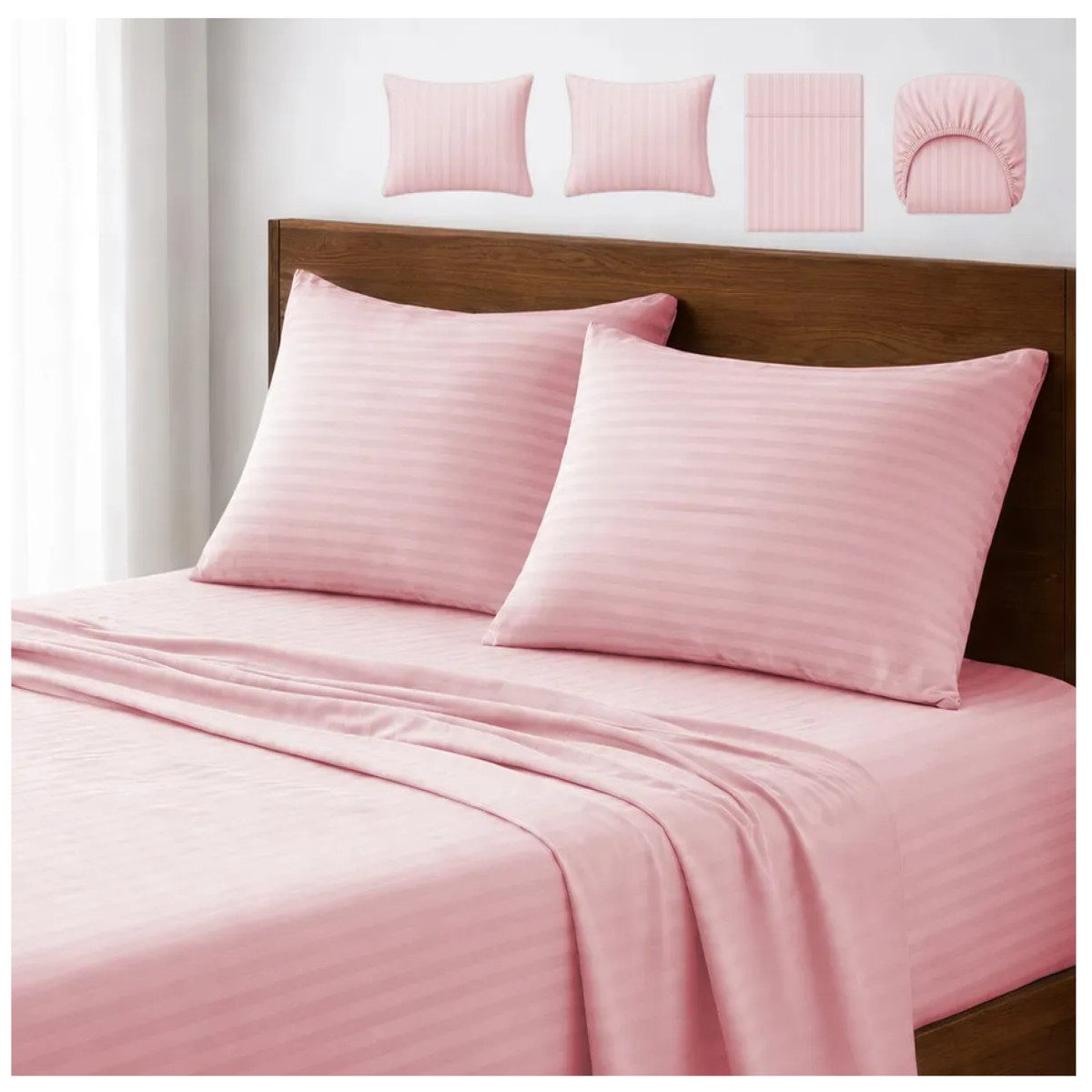 Juego de S&aacute;banas Matrimonial 3000 Hilos Suave Dise&ntilde;o Rayado 4 Piezas Rosa image number null