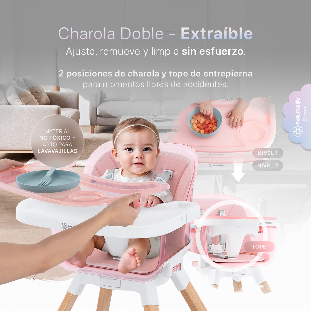 Periquera para Beb&eacute; 3 en 1, Silla Alta con Charola Desmontable, Asiento 360&deg;, Altura Ajustable, Color Rosa Esquimal image number null