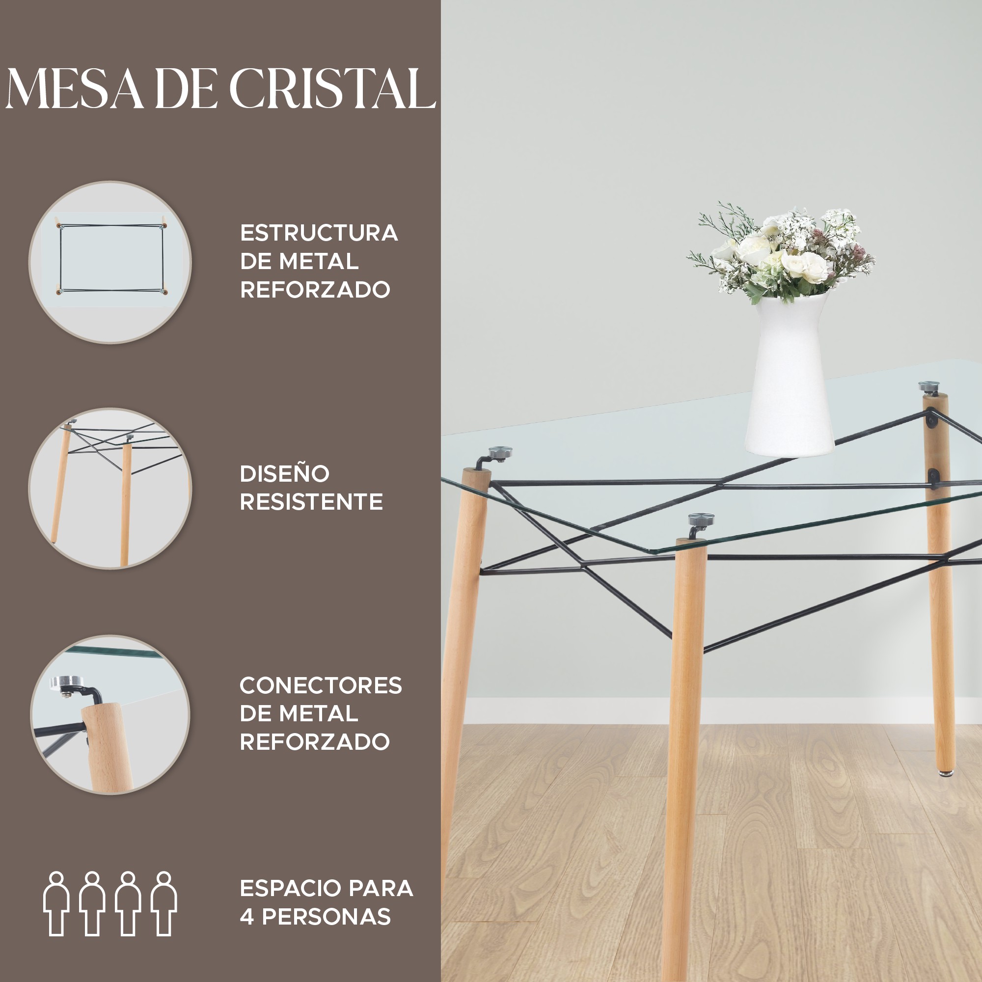 Mesa de Centro Elly Decor Rectangular Cristal Templado 15 Mm 4 Patas de Madera image number null