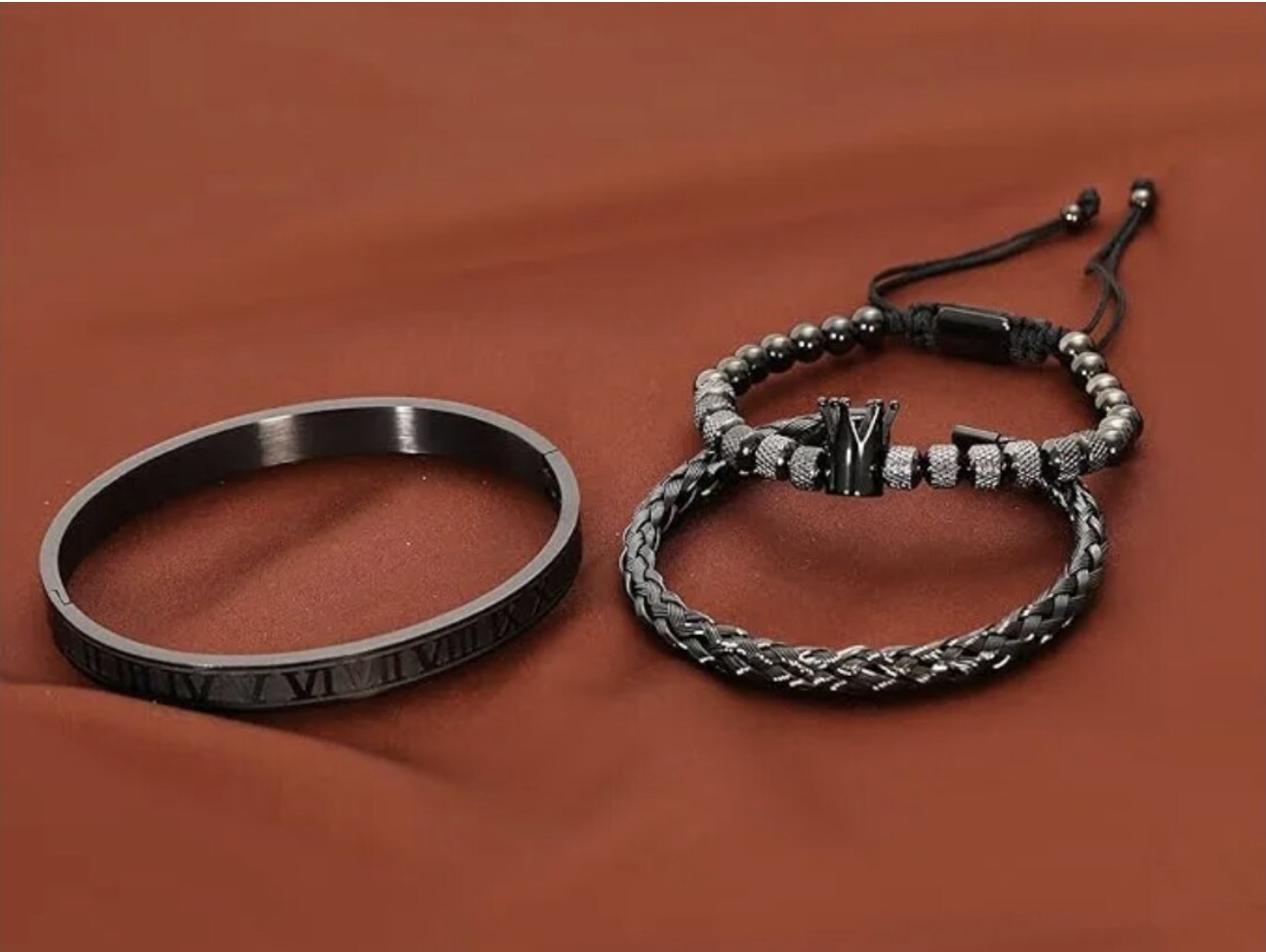 Set 3 Pulseras De Corona Acero Lujo Romano Brazalete Inox Modelo Negro image number null