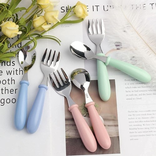"6 Pcs Acero Inoxidable Beb&eacute;s Kit Cubiertos Cuchara Tenedor Rosa, Verde y Azul " image number null
