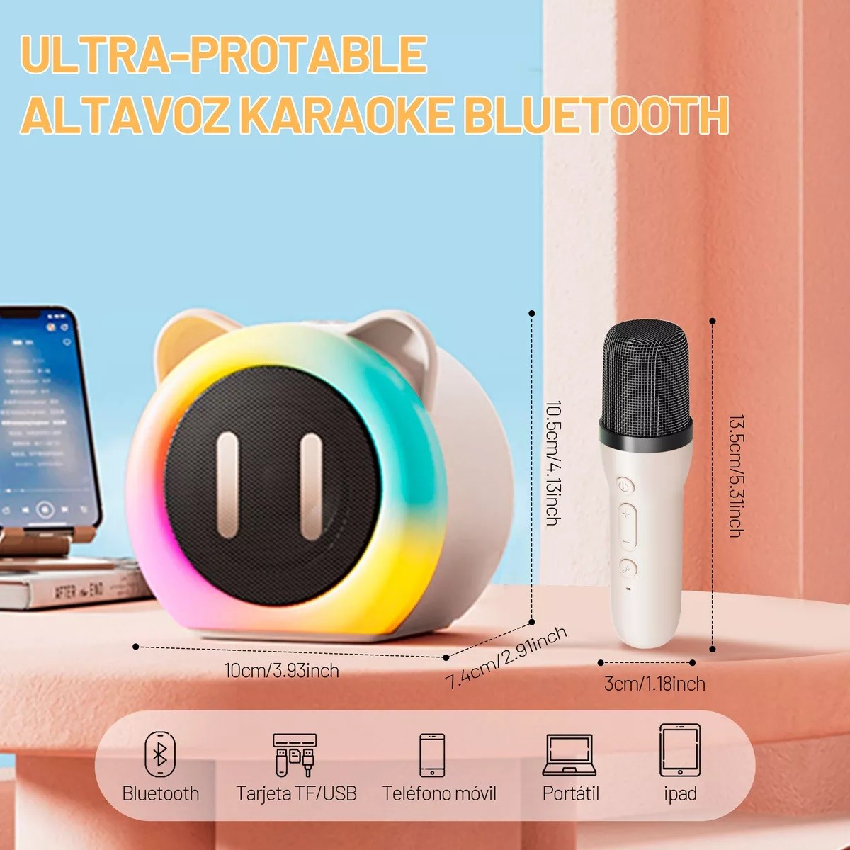 Altavoz Bluetooth Karaoke Port&aacute;til Con 2 Micr&oacute;fonos Beige image number null