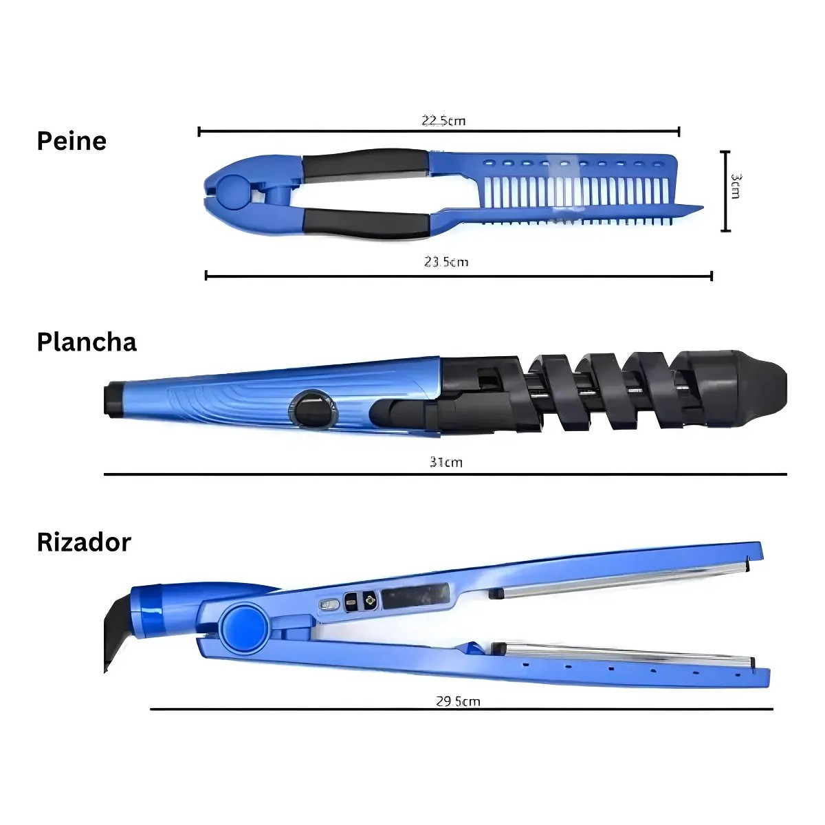 Kit 3 En 1 Plancha Titanio Artefactos Para El Cabello Plancha 450&deg; Azul image number null