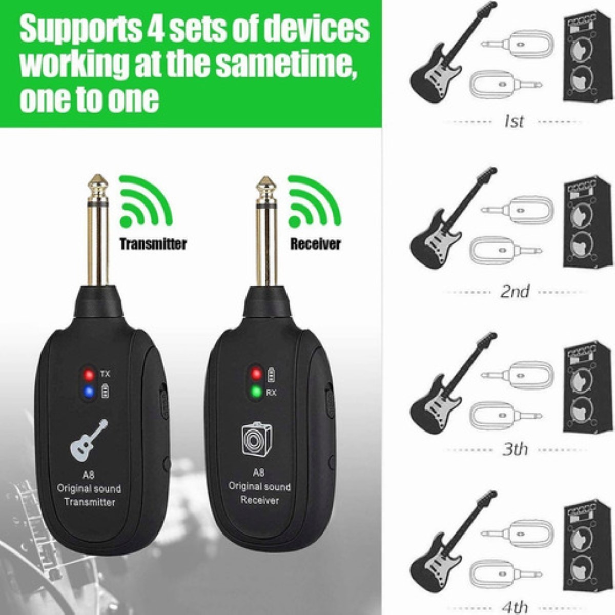 Sistema Transmisor Y Receptor Inalambrico Guitarra Uhf A8 Negro image number null