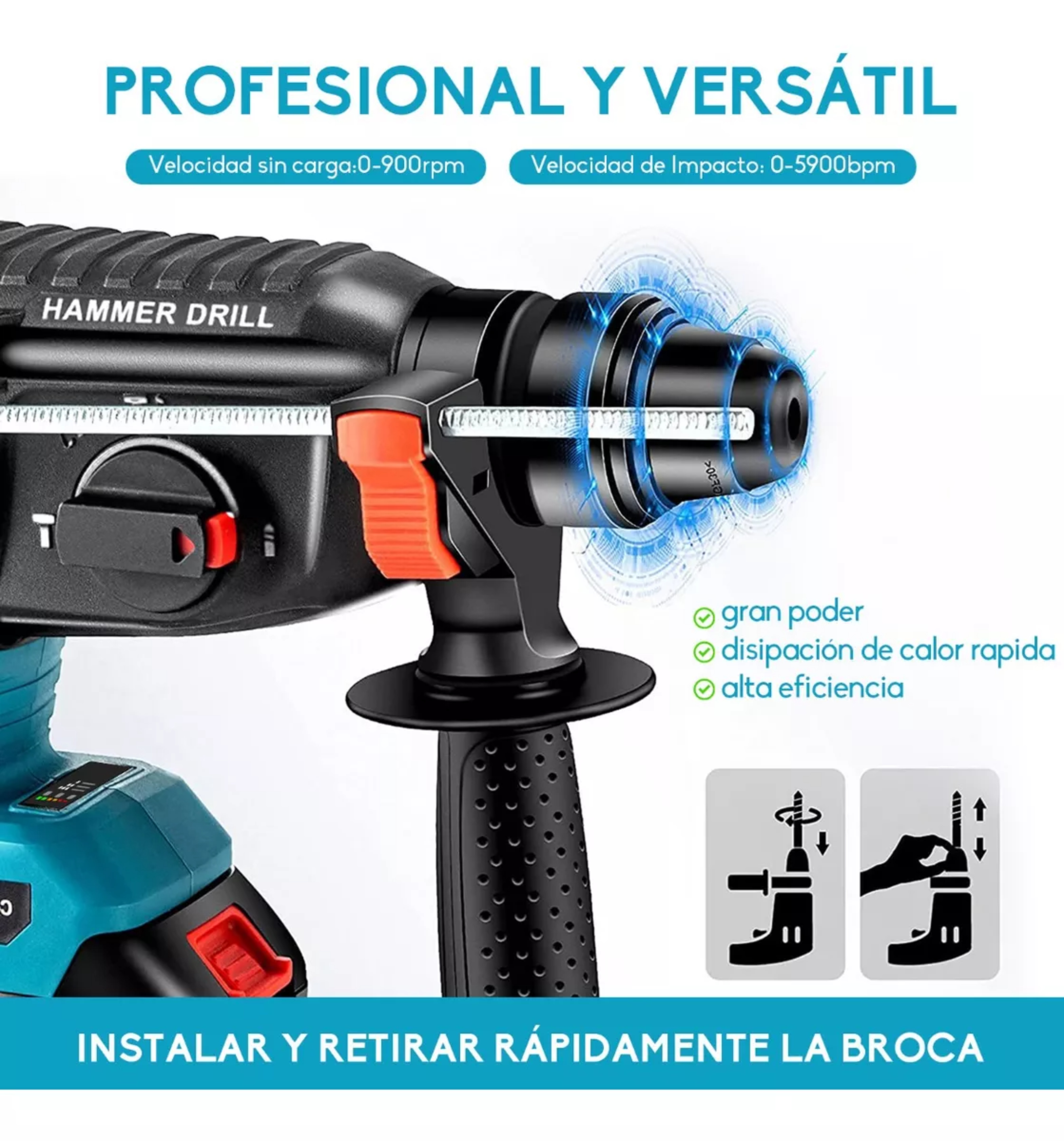 Rotomartillo Inal&aacute;mbrico Taladro Sds Plus 2 Bater&iacute;as 2000w. image number null