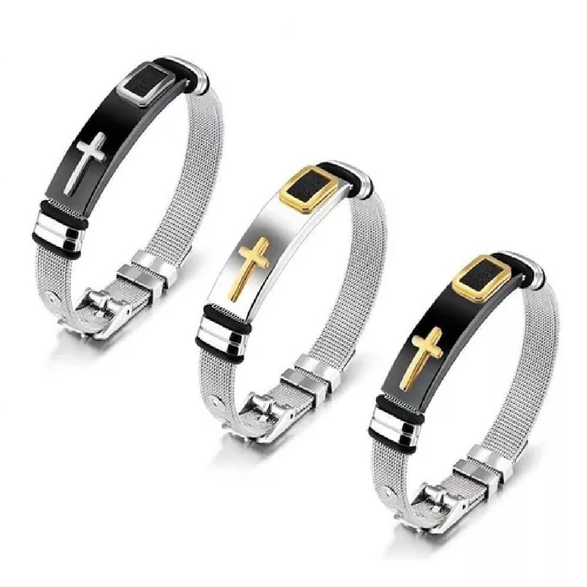 Pulsera Brazalete Acero Inoxidable Hombre Cruz Malla Inglesa Color:Negro/Plata image number null
