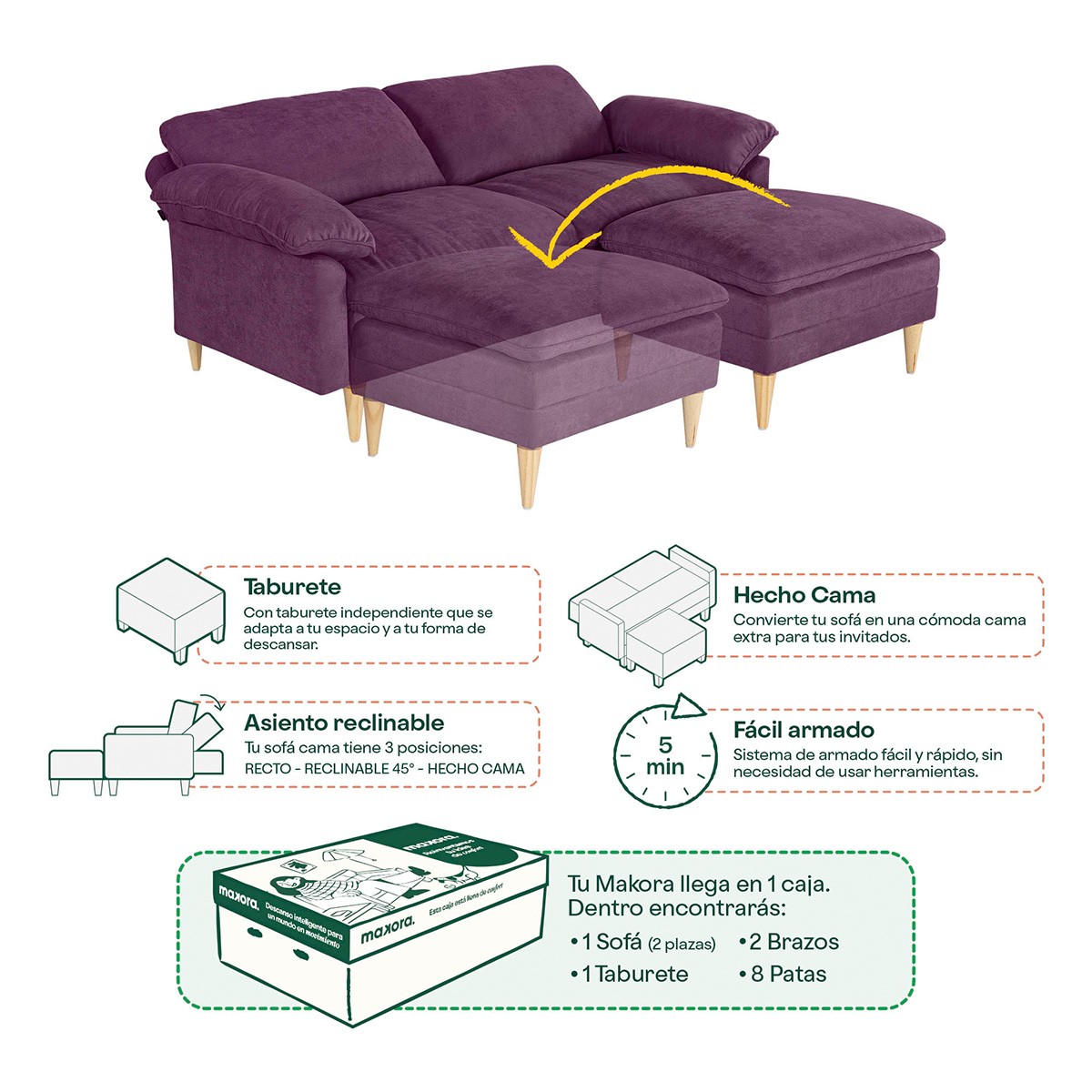 Sof&aacute; Cama Reclinable 3 Posiciones Makora Remmy Morado con Memory Foam y Taburete image number null