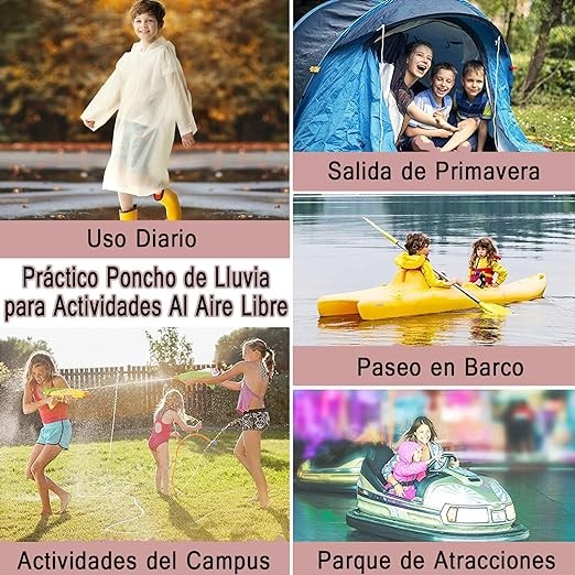 Poncho de Lluvia, Poncho de Lluvia para Ni&ntilde;os,Chubasqueros Impermeable, Reutilizable EVA Ponchos Impermeables Chaquetas Capa Lluvia con Capucha Adecuado. image number null