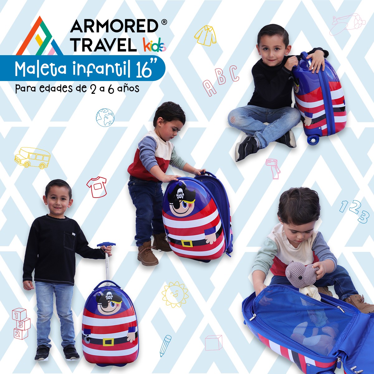 Maleta de viaje ni&ntilde;as ni&ntilde;os carry-on mochila r&iacute;gida infantil con ruedas 16 k&iacute;nder Preescolar usos m&uacute;ltiples Edades 2 a 6 a&ntilde;os Armored kids Pirata. image number null