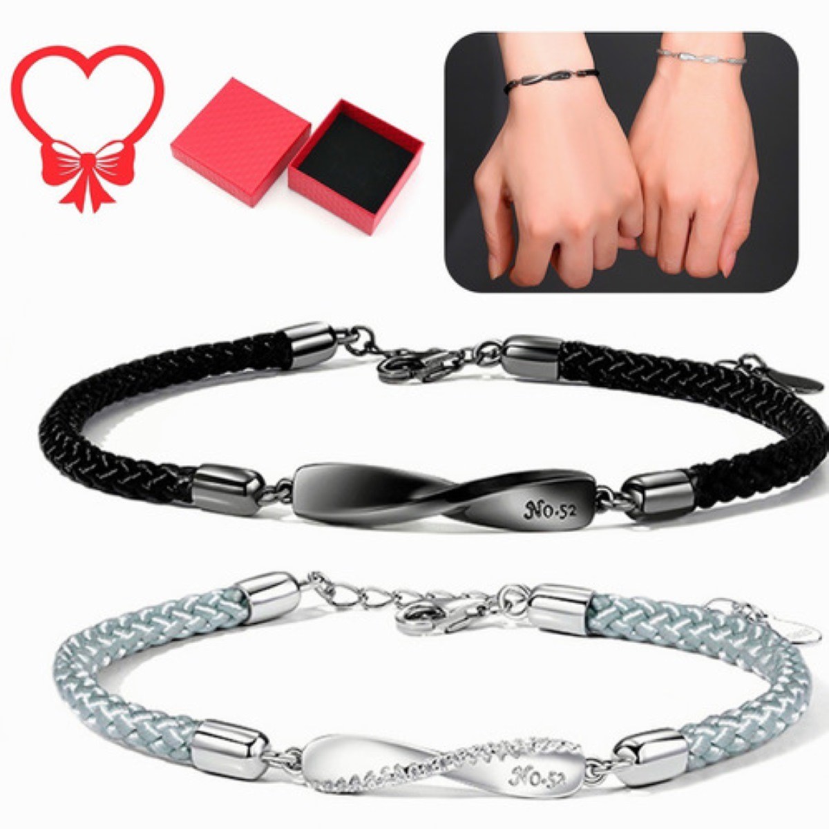 Pulseras para Pareja Par Negro con Plateado. image number null