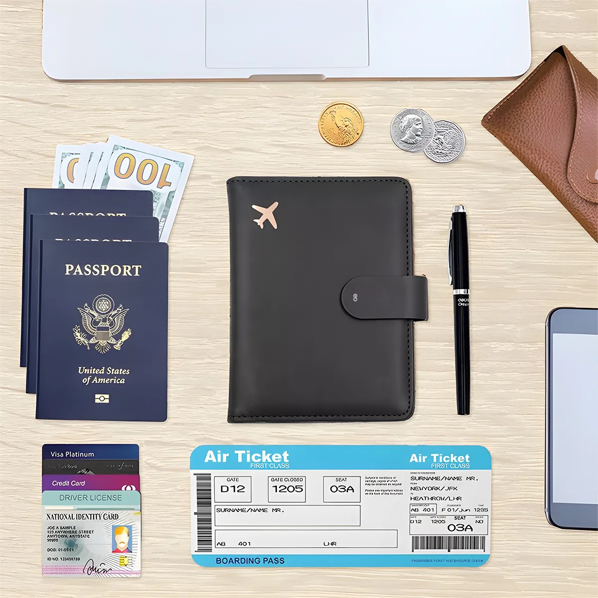 Porta Pasaporte , Documentos Funda Protectora Viaje Negro image number null