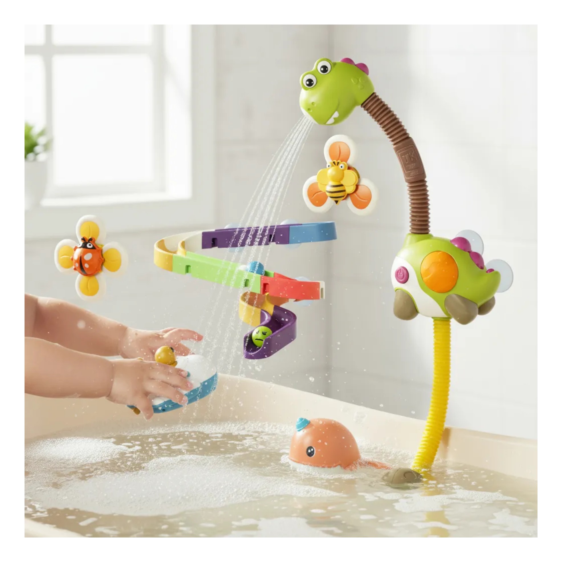 "Dino Splash Divertido Juguete Ba&ntilde;o Beb&eacute; Ducha Regadera Tobog&aacute;n Flotadores Verde de Buena calidad Excelente Accesorio image number null