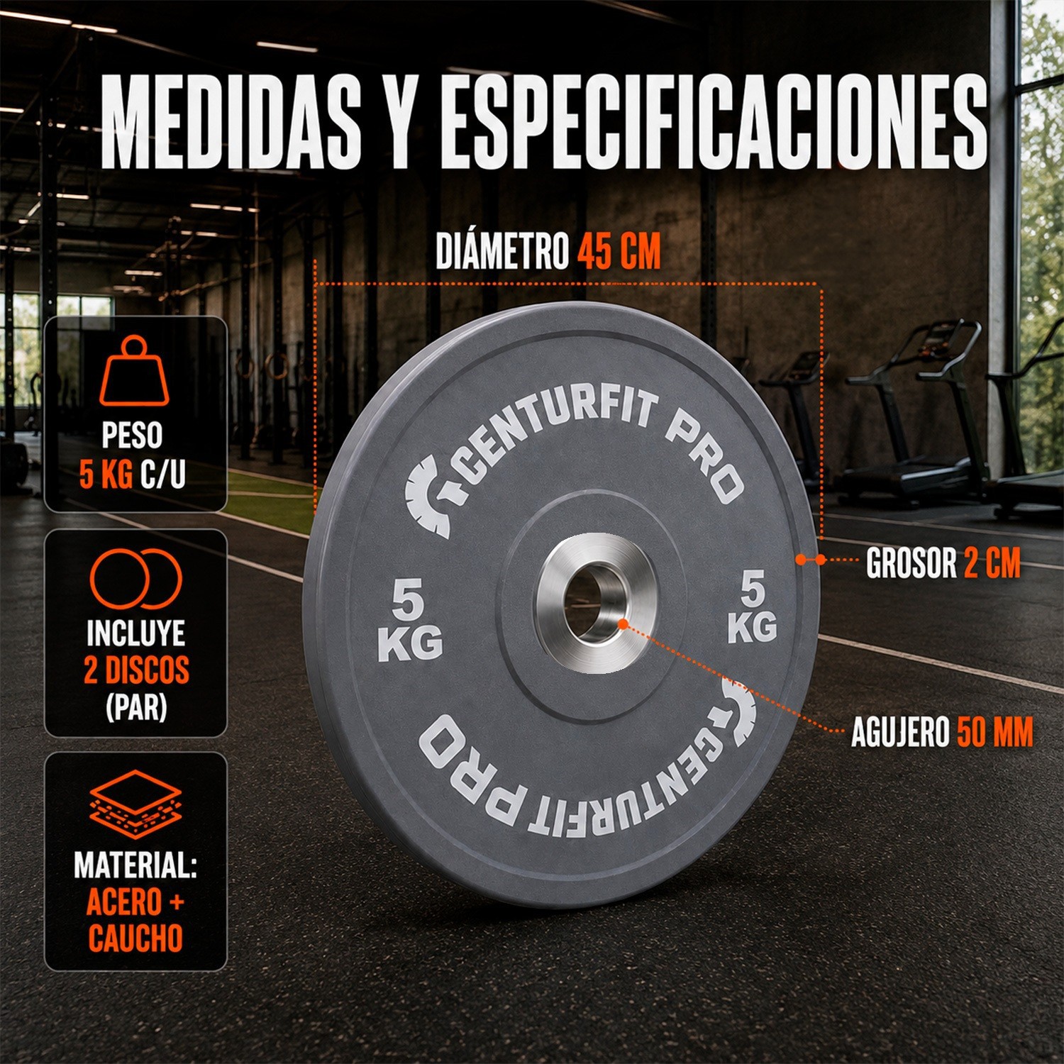 Par Discos Olimpicos Crossfit Bumper Nucleo Acero Reforzado Gris Centurfit image number null