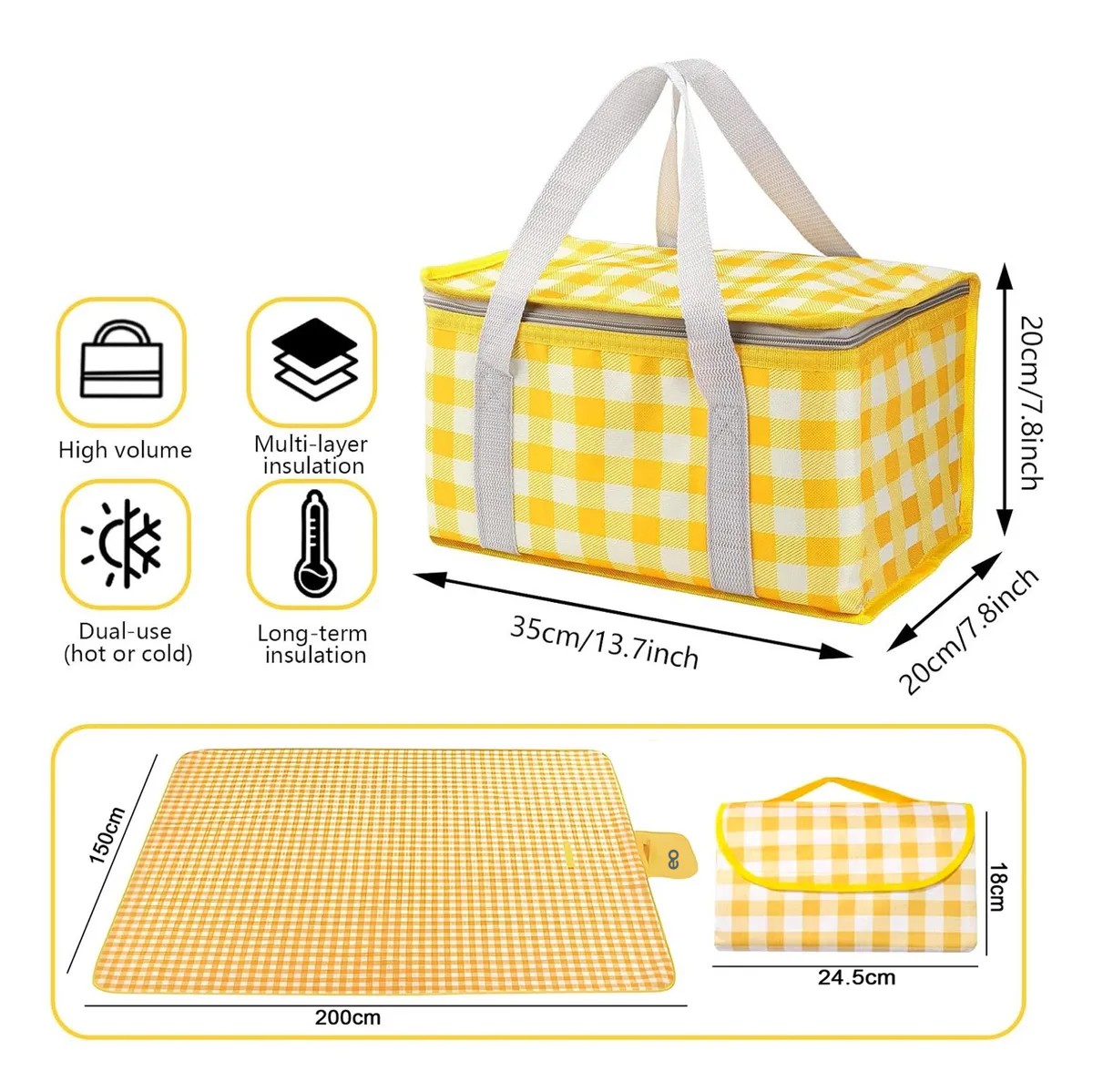 2pzs Bolsa De Picnic Aislada Reutilizable Y Tapete Camping Amarillo image number null