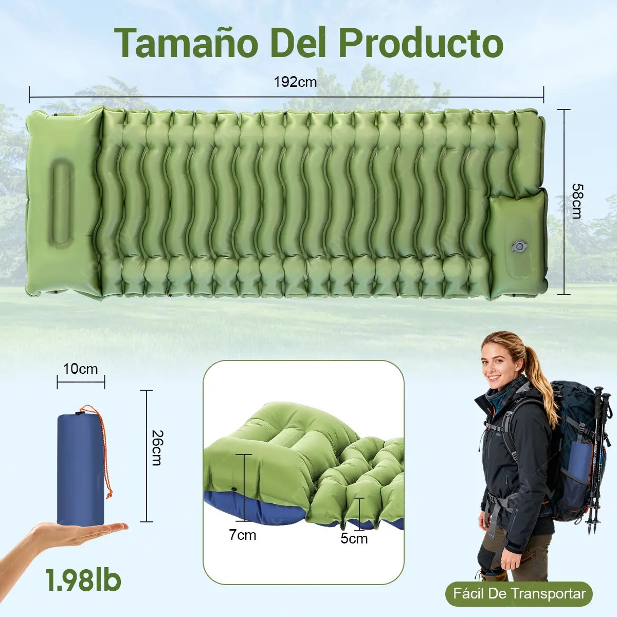 Colch&oacute;n Inflable Individual con Bomba de Pie para Camping Verde lima image number null