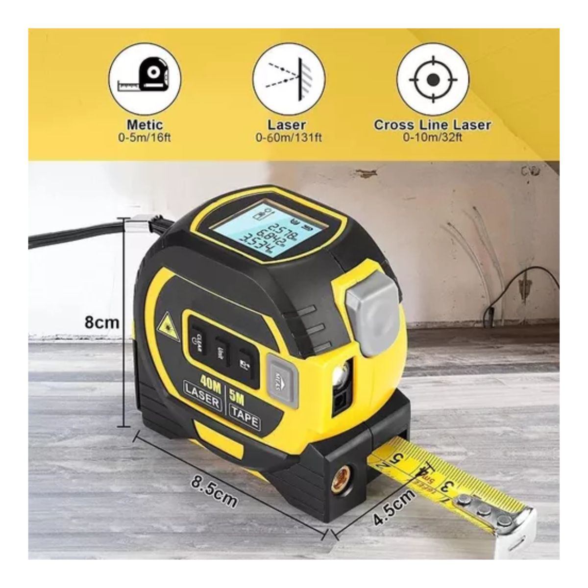 Medidor L&aacute;ser De 60 Metros Con Cinta M&eacute;trica 2 En 1 Amarillo/Negro image number null