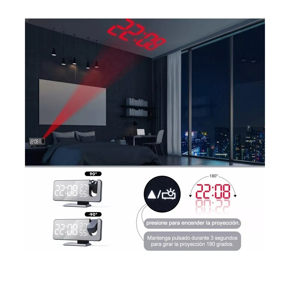Reloj Despertador Led Con Radio y Proyector, Pantalla Grande image number null