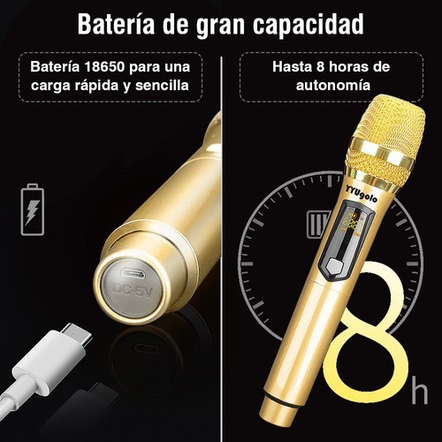Universal Micr&oacute;fono Inal&aacute;mbrico Profesional Karaoke Kit 2pcs dorado. image number null