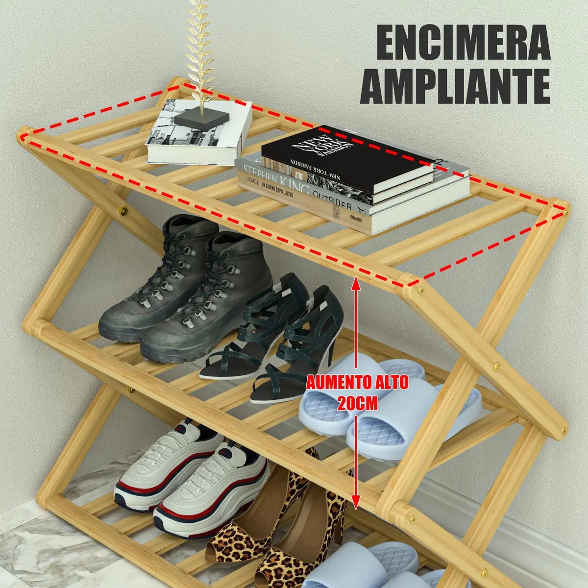 Zapatera de Bamb&uacute; de 3 Niveles con Perchero de Piso de Metal con 6 Ganchos y 2 Estantes image number null