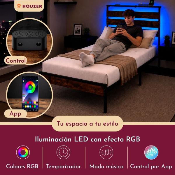 Base Cama Individual Reforzada 300kg Moderna Luz Led Usb C Negro Houzer image number null
