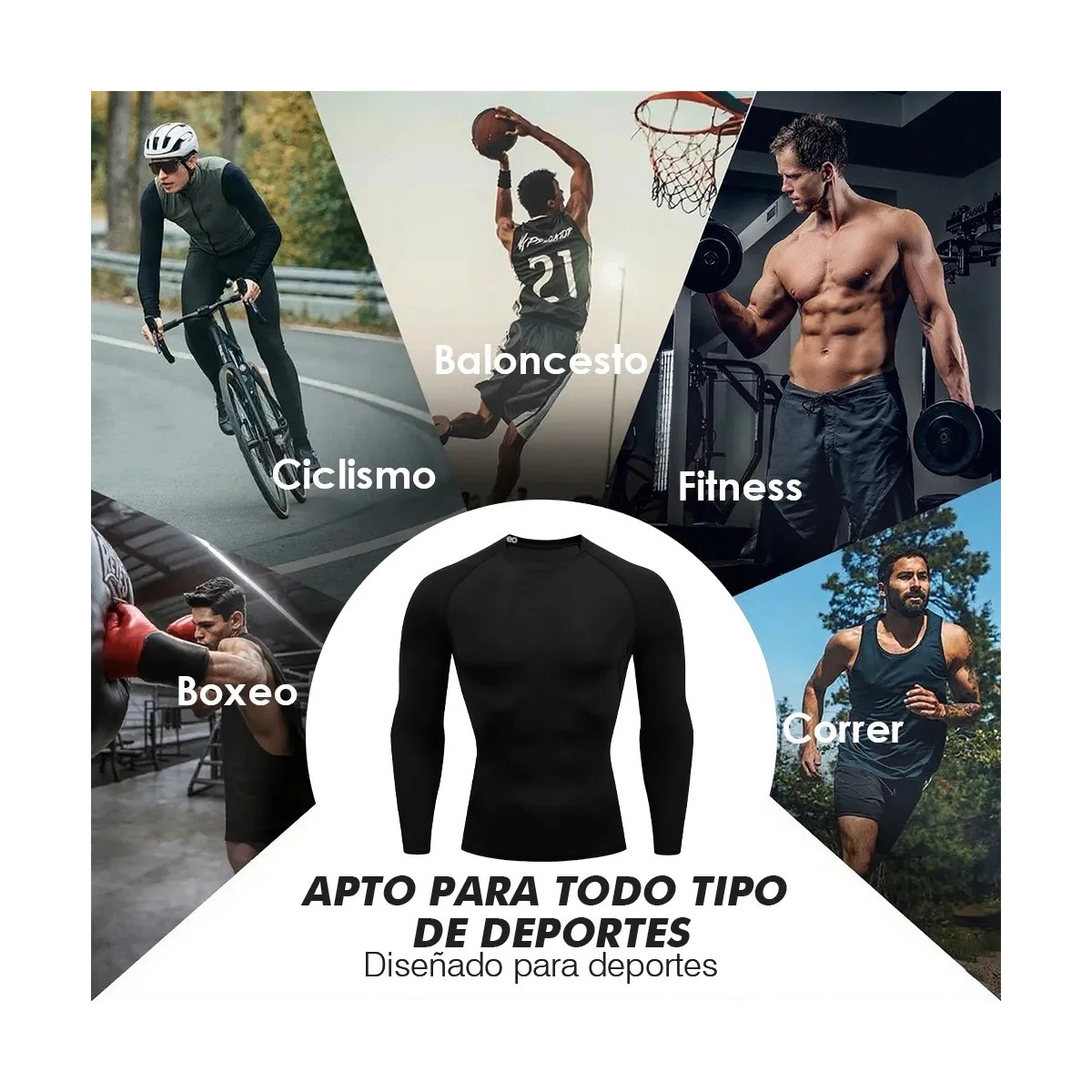 3pzs Playera Licras Deportivas Hombre Manga Larga Negro Talla:L image number null
