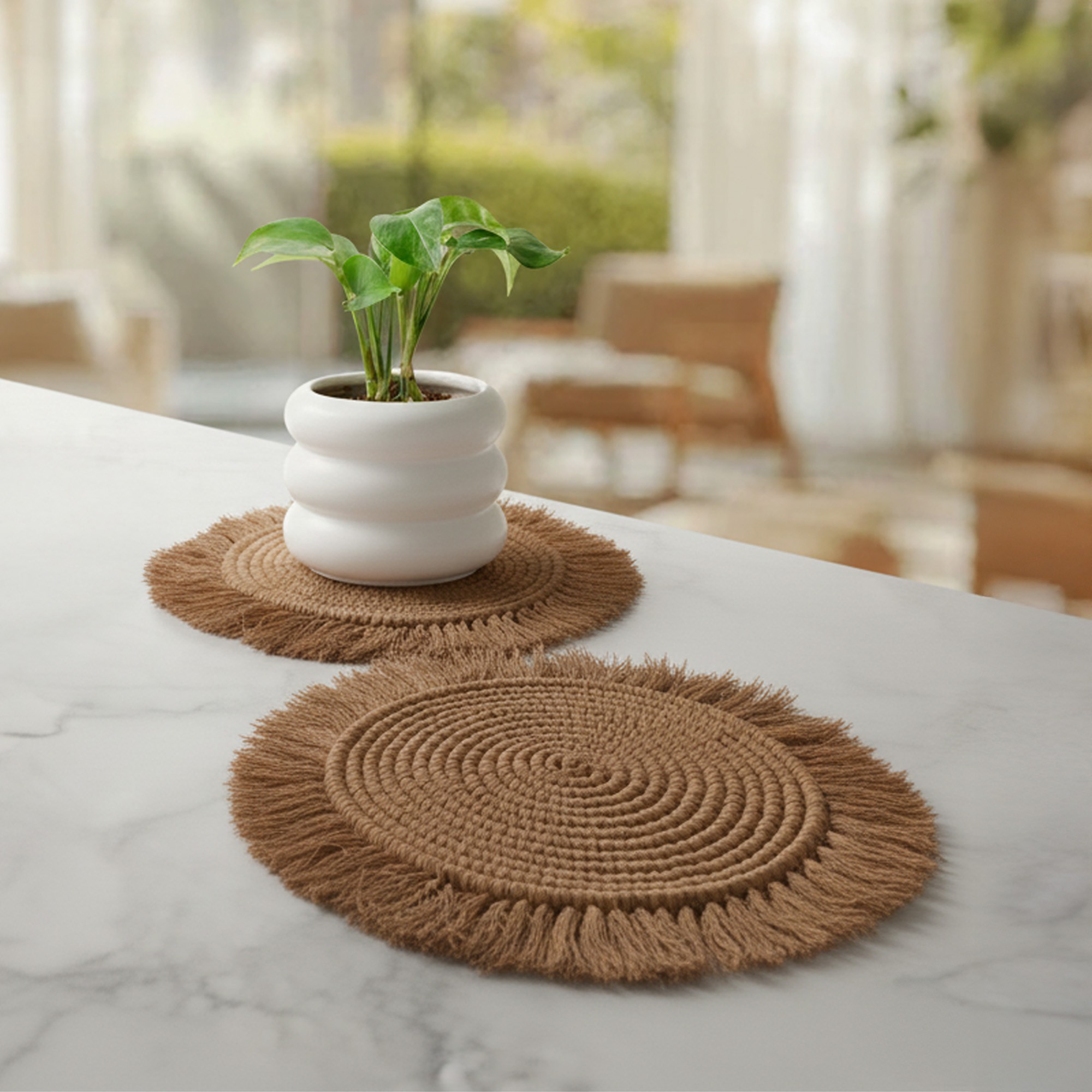 Ilios Innova | Paquete de 4 manteles estilo boho macram&eacute;, decorativos para m&uacute;ltiples espacios, 25 y 35 cm de di&aacute;metro. image number null