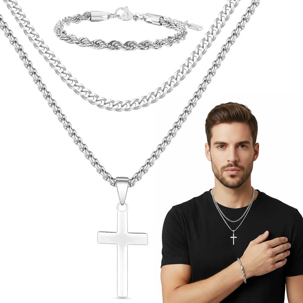 2pz Collar Con Pulseras Cruz Dijes Hombres Acero Inoxidable Plata 60cm Pulseras 21cm image number null