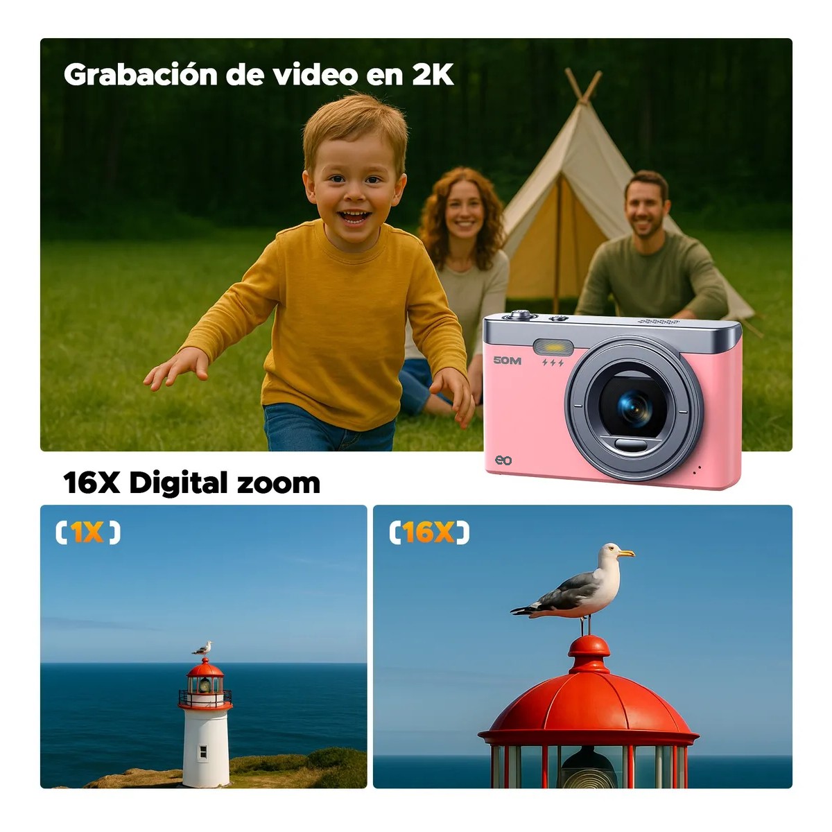 C&aacute;mara Digital 50mp 2k Webcam Autofoco Principiante +32gb Rosa image number null