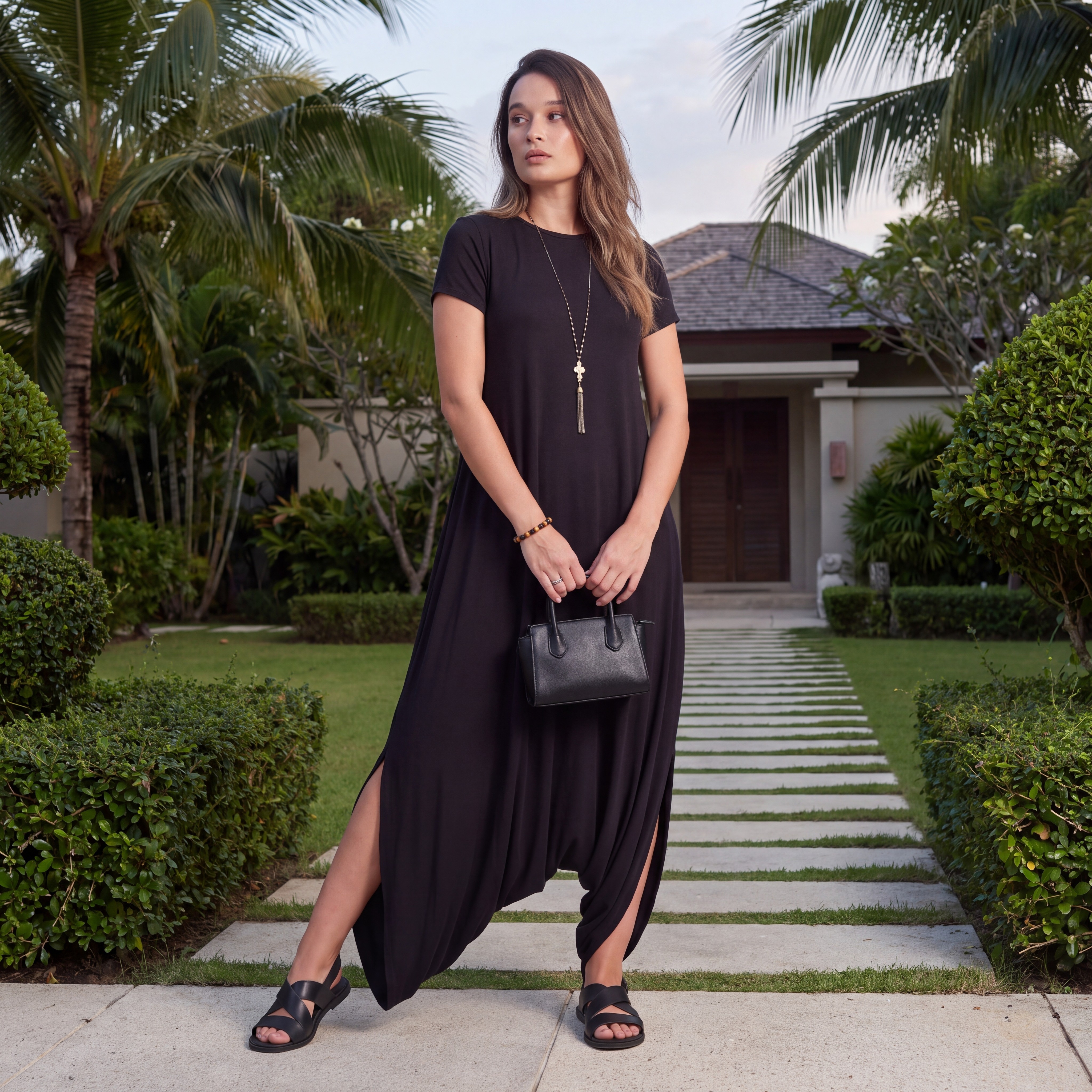 Jumpsuit Xally 34 cuello redondo manga corta holgado bolsillos abertura lateral en tobillo looks casuales o de salida image number null