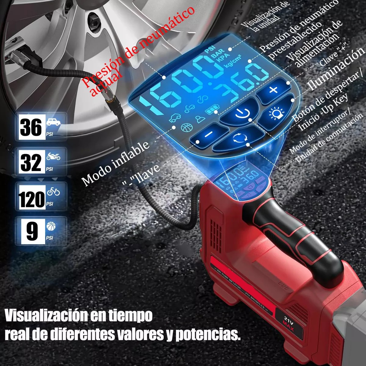 Compresor Inflador De Llantas Inal&aacute;mbrico Atverce BC1 Color Rojo 127V image number null